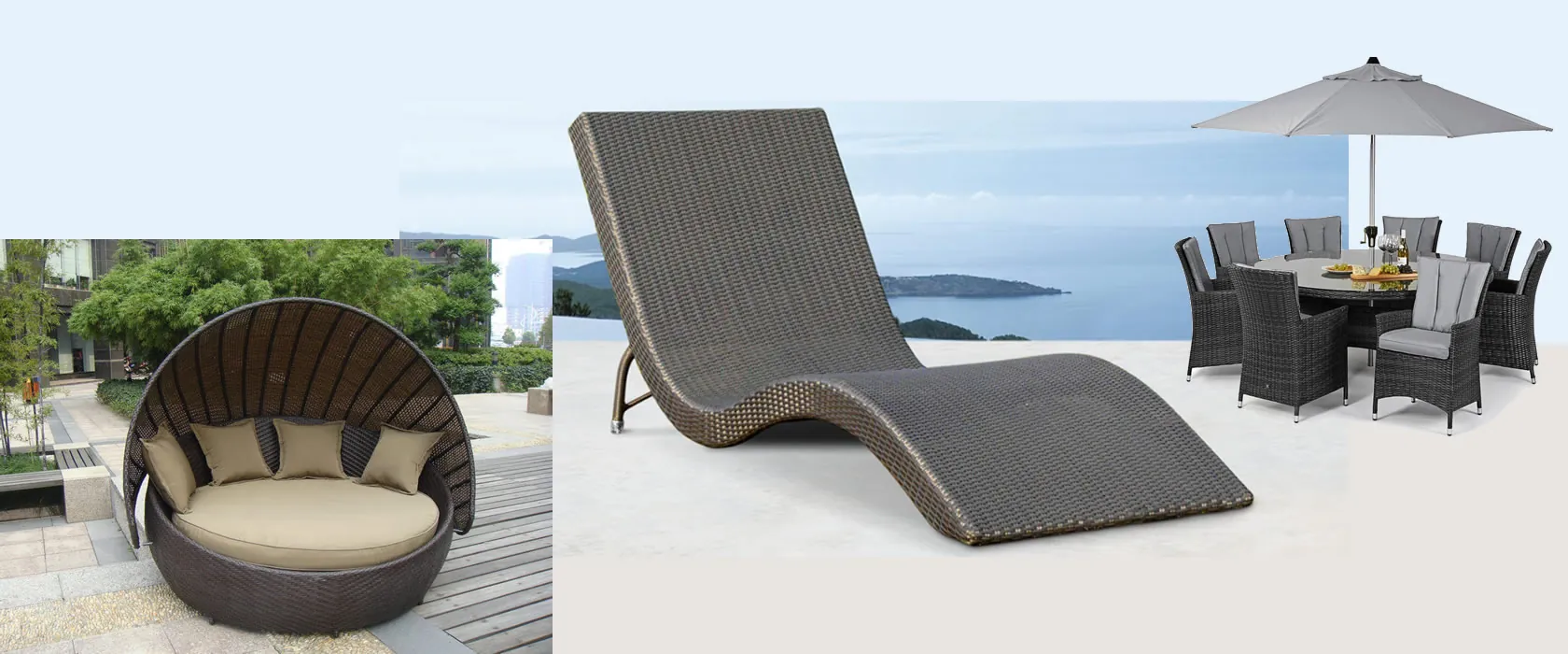 Rattan pool loungers by the sea