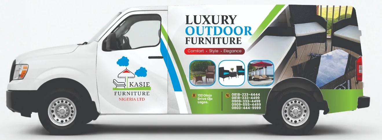 White Kasie Furniture Nigeria Ltd delivery van, side view, branded Luxury Outdoor Furniture